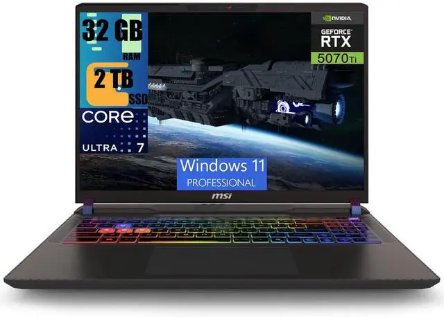 Main image of MSI Vector 16 HX AI Gaming Laptop, 16" QHD+ 240Hz Display, Intel Ultra 7 255HX 20 cores Processor, Geforce RTX 5070 Ti 12GB GDDR7, 32GB DDR5  2TB PCIe SSD, RGB Backlit Thunderbolt5, Windows 11 Pro