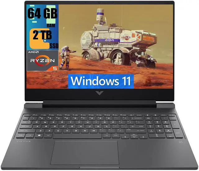 Main image of HP Victus 15 Gaming Laptop, 15.6" FHD 144Hz Display, AMD Ryzen 5 7535HS Hexa-cores Processor, AMD Radeon RX 6550M 4GB GDDR6, 64GB DDR5  2TB PCIe SSD, Backlit KB, Wi-Fi 6, Windows 11