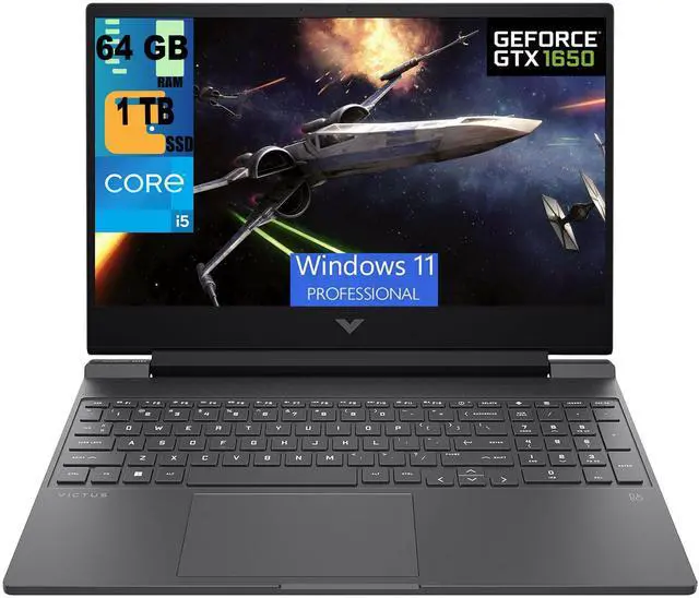Main image of HP Victus 15 Gaming Laptop, 15.6" FHD 144Hz Display, Intel Core i5-12450H 8 Cores Processor, NVIDIA GeForce GTX 1650 4 GB GDDR5, 64GB DDR4  1TB PCIe SSD, WiFi 6, Backlit KB, Windows 11 Pro