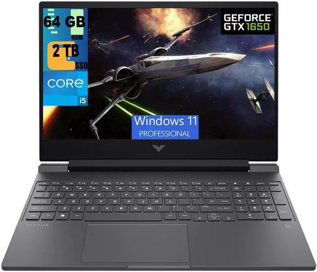 Main image of HP Victus 15 Gaming Laptop, 15.6" FHD 144Hz Display, Intel Core i5-12450H 8 Cores Processor, NVIDIA GeForce GTX 1650 4 GB GDDR5, 64GB DDR4  2TB PCIe SSD, WiFi 6, Backlit KB, Windows 11 Pro