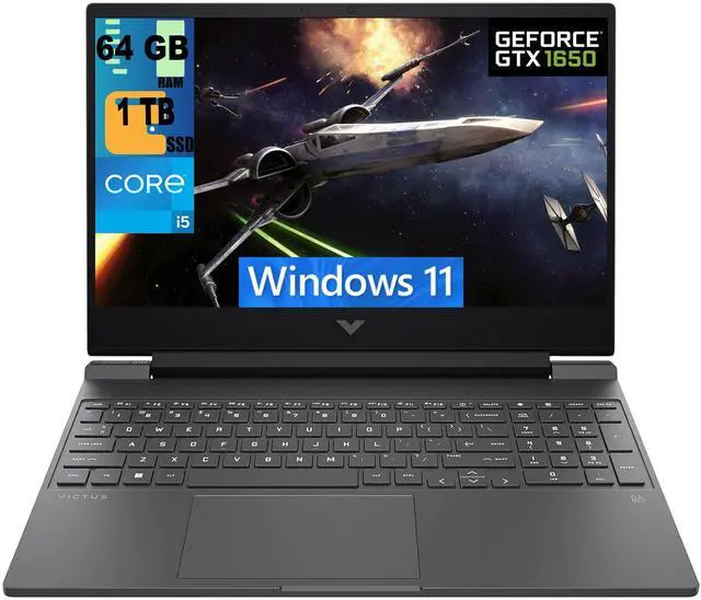 Main image of HP Victus 15 Gaming Laptop, 15.6" FHD 144Hz Display, Intel Core i5-12450H 8 Cores Processor, NVIDIA GeForce GTX 1650 4 GB GDDR5, 64GB DDR4  1TB PCIe SSD, WiFi 6, Backlit KB, Windows 11