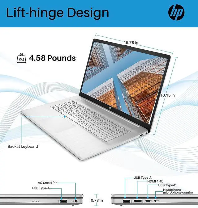 Alt view image 6 of 6 - HP 17 Laptop, 17.3" HD+ Touchscreen, AMD Ryzen 5 7530U (6-Core) Processor, AMD Radeon Graphics, 32GB DDR4  512GB PCIe SSD, Wi-Fi 6, Bluetooth, Webcam, Windows 11