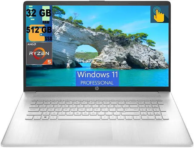 Main image of HP 17 Laptop, 17.3" HD+ Touchscreen, AMD Ryzen 5 7530U (6-Core) Processor, AMD Radeon Graphics, 32GB DDR4  512GB PCIe SSD, Wi-Fi 6, Bluetooth, Webcam, Windows 11 Pro