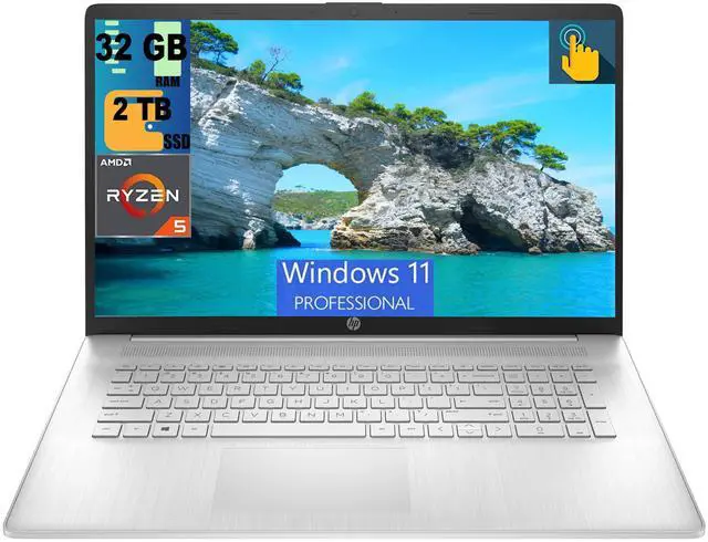 Main image of HP 17 Laptop, 17.3" HD+ Touchscreen, AMD Ryzen 5 7530U (6-Core) Processor, AMD Radeon Graphics, 32GB DDR4  2TB PCIe SSD, Wi-Fi 6, Bluetooth, Webcam, Windows 11 Pro