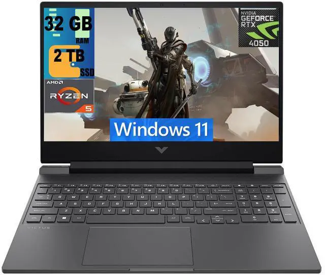 Main image of HP Victus 15 Gaming Laptop, 15.6" FHD 144Hz Display, AMD Ryzen 5 8645HS 6-core Processor, NVIDIA GeForce RTX 4050 6 GB GDDR6, 32GB DDR5  2TB PCIe SSD, Backlit Keyboard, Windows 11