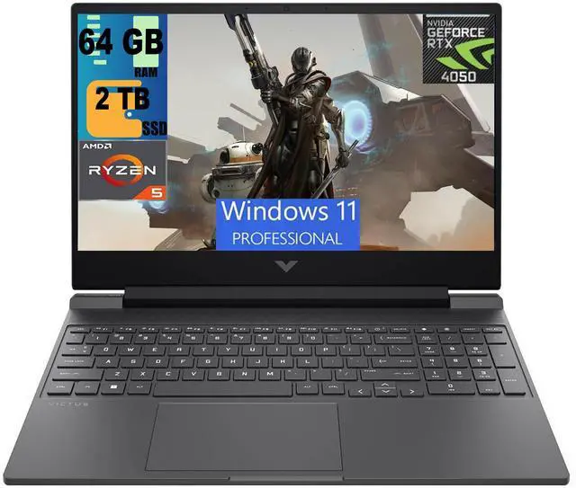 Main image of HP Victus 15 Gaming Laptop, 15.6" FHD 144Hz Display, AMD Ryzen 5 8645HS 6-core Processor, NVIDIA GeForce RTX 4050 6 GB GDDR6, 64GB DDR5  2TB PCIe SSD, Backlit Keyboard, Windows 11 Pro