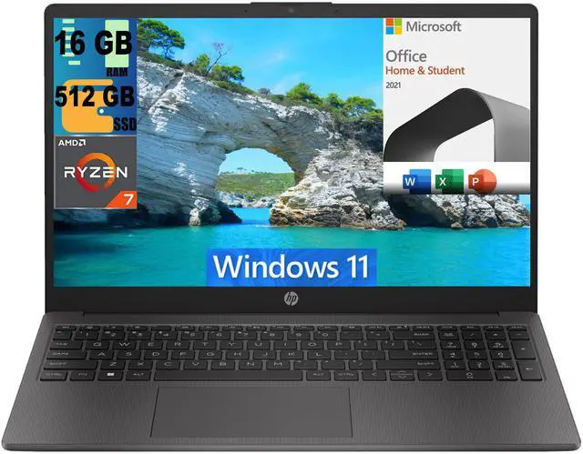 Main image of HP 255 G10 15 Laptop, 15.6" FHD Display, AMD Ryzen 7 7730U 8 Cores Processor, AMD Radeon Graphics, 16GB DDR4  512GB PCIe SSD, Webcam, Wi-Fi 6, Windows 11, Microsoft Office License