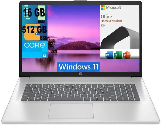 Main image of HP 17 Laptop, 17.3" FHD (1920 x 1080) Display, Intel Core i3-1215U 6 Cores Processor, Intel UHD Graphics, 16GB DDR4  512GB PCIe SSD, Numeric Keypad, Webcam, Windows 11,Microsoft Office License