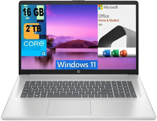 Main image of HP 17 Laptop, 17.3" FHD (1920 x 1080) Display, Intel Core i3-1215U 6 Cores Processor, Intel UHD Graphics, 16GB DDR4  2TB PCIe SSD, Numeric Keypad, Webcam, Windows 11,Microsoft Office License