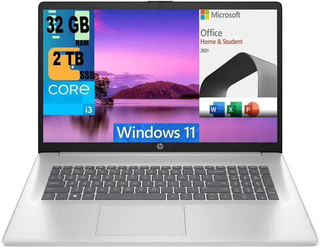 Main image of HP 17 Laptop, 17.3" FHD (1920 x 1080) Display, Intel Core i3-1215U 6 Cores Processor, Intel UHD Graphics, 32GB DDR4  2TB PCIe SSD, Numeric Keypad, Webcam, Windows 11,Microsoft Office License