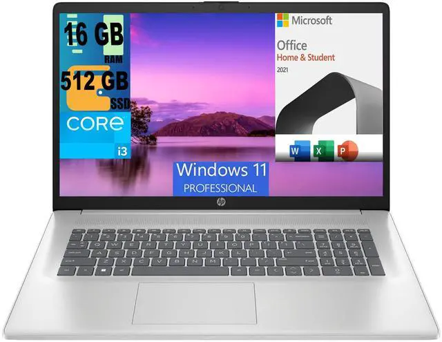 Main image of HP 17 Laptop, 17.3" FHD (1920 x 1080) Display, Intel Core i3-1215U 6 Cores Processor, Intel UHD Graphics, 16GB DDR4  512GB PCIe SSD, Numeric Keypad, Webcam, Windows 11 Pro,Microsoft Office License