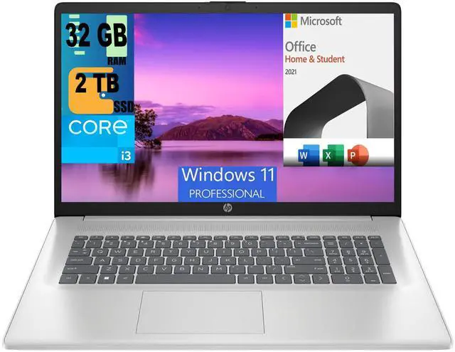 Main image of HP 17 Laptop, 17.3" FHD (1920 x 1080) Display, Intel Core i3-1215U 6 Cores Processor, Intel UHD Graphics, 32GB DDR4  2TB PCIe SSD, Numeric Keypad, Webcam, Windows 11 Pro,Microsoft Office License