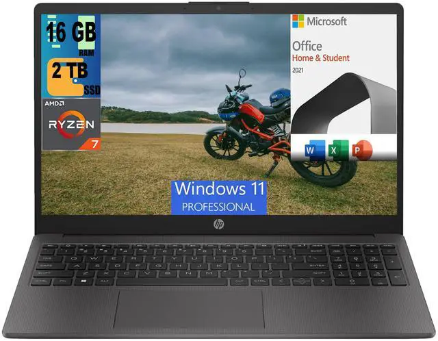 Main image of HP 255 G10 15 Laptop, 15.6" FHD (1920 x 1080) Display, AMD Ryzen 7 7730U 8 Cores Processor, AMD Radeon Graphics, 16GB DDR4  2TB PCIe SSD, Webcam, Wi-Fi 6, Windows 11 Pro,Microsoft Office License