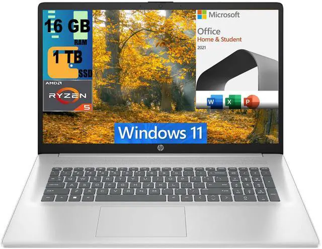 Main image of HP 17 Laptop, 17.3" FHD (1920 x 1080) Display, AMD Ryzen 5 7430U 6 cores Processor, AMD Radeon Graphics, 16GB DDR4  1TB PCIe SSD, Wi-Fi 6, Bluetooth, Windows 11,Microsoft Office License