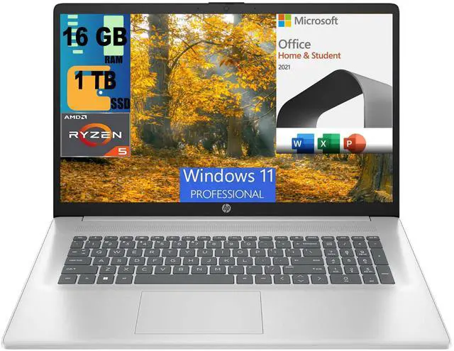 Main image of HP 17 Laptop, 17.3" FHD (1920 x 1080) Display, AMD Ryzen 5 7430U 6 cores Processor, AMD Radeon Graphics, 16GB DDR4  1TB PCIe SSD, Wi-Fi 6, Bluetooth, Windows 11 Pro,Microsoft Office License