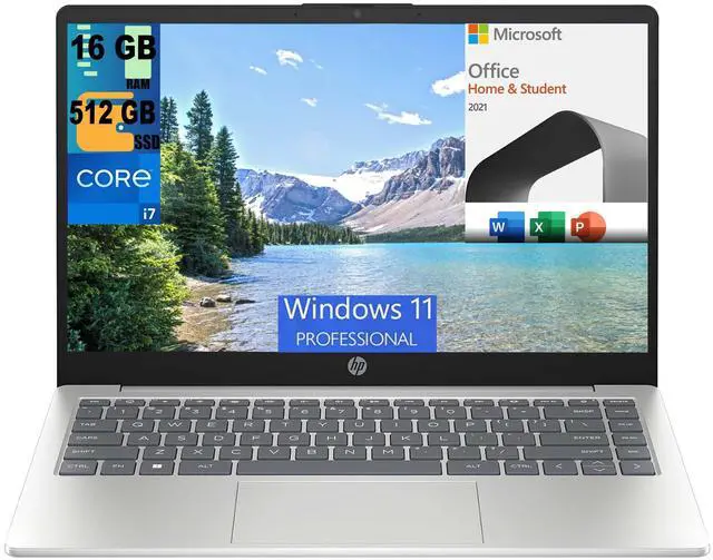 Main image of HP 14 Laptop, 14" FHD (1920 x 1080) Display, Intel Core i7-1355U 10 Cores Processor, Intel Iris Xe Graphics, 16GB DDR4  512GB PCIe SSD, Bluetooth, Windows 11 Pro,Microsoft Office License
