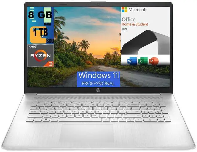 Main image of HP Pavilion 17 Laptop, 17.3" HD+ Display, AMD Ryzen 3 7320U Quad-Core Processor, AMD Radeon Graphics, 8GB DDR4  1TB PCIe SSD, Full-size Keyboard, Windows 11 Pro,Microsoft Office License