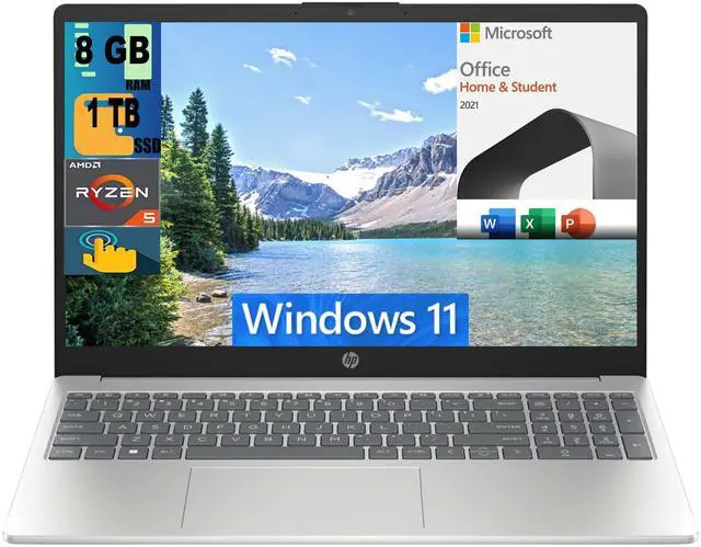 Main image of HP 15 Laptop, 15.6" HD (1366 x 768) Touchscreen, AMD Ryzen 5 7520U 4 Cores Processor, AMD Radeon Graphics, 8GB DDR4  1TB PCIe SSD, Bluetooth, Wi-Fi, Windows 11 Home,Microsoft Office License