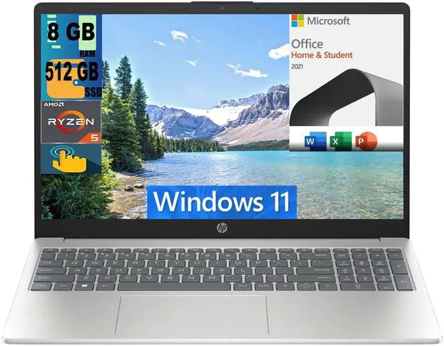 Main image of HP 15 Laptop, 15.6" HD (1366 x 768) Touchscreen, AMD Ryzen 5 7520U 4 Cores Processor, AMD Radeon Graphics, 8GB  DDR4  512GB  PCIe SSD, Bluetooth, Wi-Fi, Windows 11 Home,Microsoft Office License