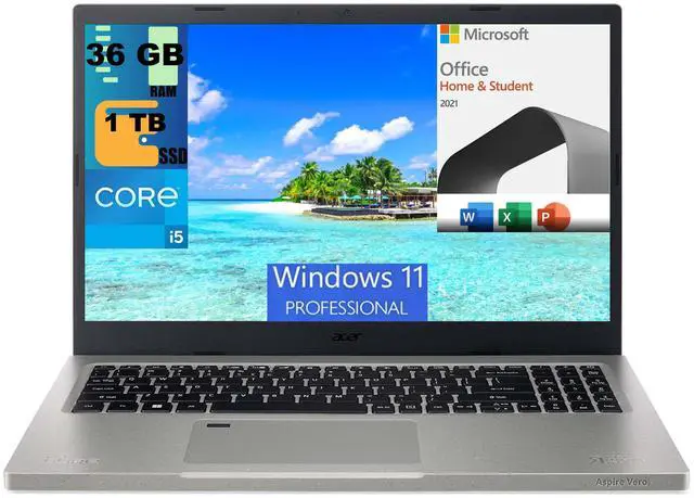 Main image of Acer Aspire 15 Laptop, 15.6" FHD Display, Intel Core i5-1155G7 4 cores Processor, Intel Iris Xe Graphics, 36GB DDR4  1TB PCIe SSD, Wi-Fi 6, Windows 11,Microsoft Office License