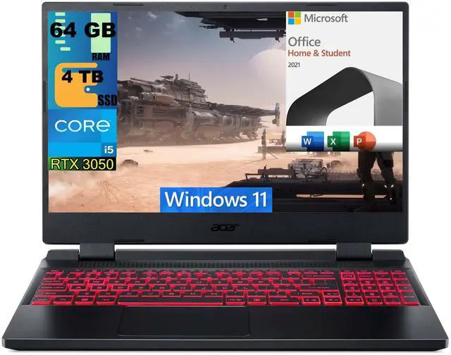 Main image of Acer Nitro 5 15 Gaming Laptop, 15.6" FHD 144Hz, Intel Core i5-12500H 12-Core Processor, RTX 3050 4GB GDDR6, 64GB DDR4  4TB PCIe SSD, Wi-Fi 6 Backlit KB, Windows 11,Microsoft Office License