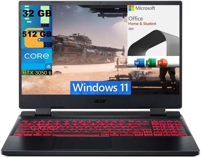 Main image of Acer Nitro 5 15 Gaming Laptop, 15.6" FHD 144Hz Display, Intel Core i5-12500H 12 cores Processor, RTX 3050 Ti 4GB GDDR6, 32GB DDR4  512GB PCIe SSD, Backlit KB, Windows 11,Microsoft Office License