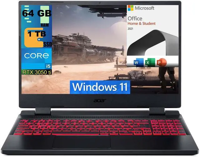 Main image of Acer Nitro 5 15 Gaming Laptop, 15.6" FHD 144Hz Display, Intel Core i5-12500H 12 cores Processor, RTX 3050 Ti 4GB GDDR6, 64GB DDR4  1TB PCIe SSD, Backlit KB, Windows 11,Microsoft Office License