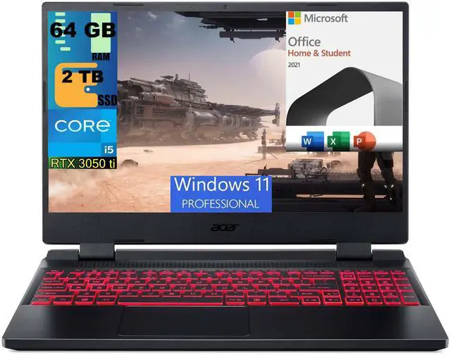 Main image of Acer Nitro 5 15 Gaming Laptop, 15.6" FHD 144Hz Display, Intel Core i5-12500H 12 cores Processor, RTX 3050 Ti 4GB GDDR6, 64GB DDR4  2TB PCIe SSD, Backlit KB, Windows 11 Pro,Microsoft Office License