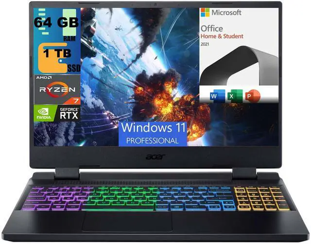 Main image of Acer Nitro 5 15 Gaming Laptop, 15.6" QHD 165Hz Display, AMD Ryzen 7 6800H 8 Core processor, RTX 3070 Ti 8GB GDDR6, 64GB DDR5  1TB PCIe SSD, RGB Backlit, Windows 11 Pro,Microsoft Office License