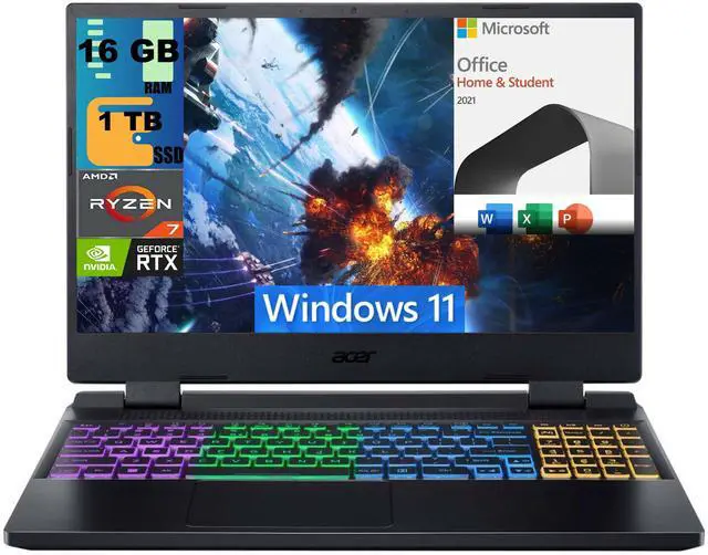 Main image of Acer Nitro 5 15 Gaming Laptop, 15.6" QHD 165Hz Display, AMD Ryzen 7 6800H 8 Core processor, RTX 3070 Ti 8GB GDDR6, 16GB DDR5  1TB PCIe SSD, RGB Backlit, Windows 11,Microsoft Office License
