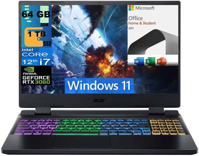 Main image of Acer Nitro 5 15 Gaming Laptop, 15.6" FHD 144Hz, Intel Core i7-12700H 14 Cores, NVIDIA GeForce RTX 3060 6GB Graphics, 64GB DDR4  1TB PCIe SSD, RGB Keyboard, Windows 11,Microsoft Office License