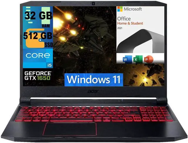 Main image of Acer Nitro 5 15 Gaming Laptop, 15.6" Full HD Display, Intel Core i5-10300H 4 core, GeForce GTX 1650 4 GB Graphics, 32GB DDR4  512GB PCIe SSD, WiFi 6, Backlit KB, Windows 11,Microsoft Office License
