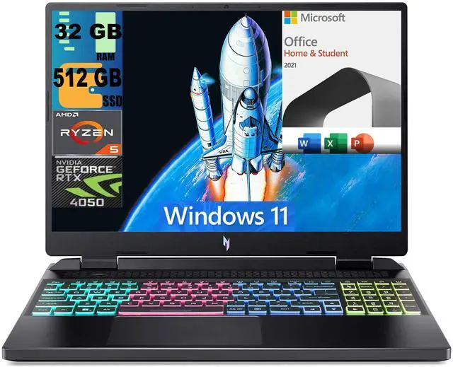 Main image of Acer Nitro 16 Gaming Laptop, 16" WUXGA 165Hz, AMD Ryzen 5 7640HS Hexa-Core Processor, GeForce RTX 4050 6GB, 32GB DDR5  512GB PCIe SSD, WiFi 6E, RGB Backlit KB, Windows 11,Microsoft Office License