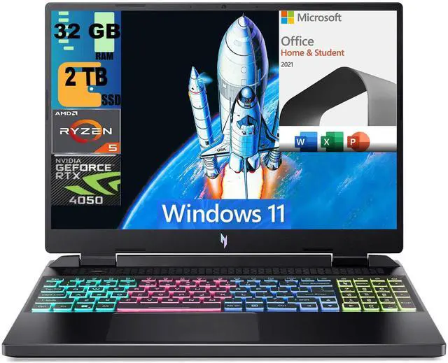 Main image of Acer Nitro 16 Gaming Laptop, 16" WUXGA 165Hz, AMD Ryzen 5 7640HS Hexa-Core Processor, GeForce RTX 4050 6GB, 32GB DDR5  2TB PCIe SSD, WiFi 6E, RGB Backlit KB, Windows 11,Microsoft Office License