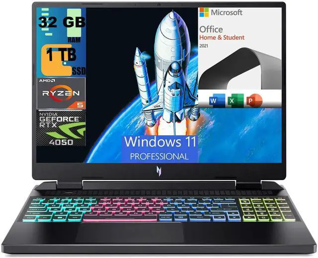 Main image of Acer Nitro 16 Gaming Laptop, 16" WUXGA 165Hz, AMD Ryzen 5 7640HS Hexa-Core Processor, GeForce RTX 4050 6GB, 32GB DDR5  1TB PCIe SSD, WiFi 6E, RGB Backlit KB, Windows 11 Pro,Microsoft Office License