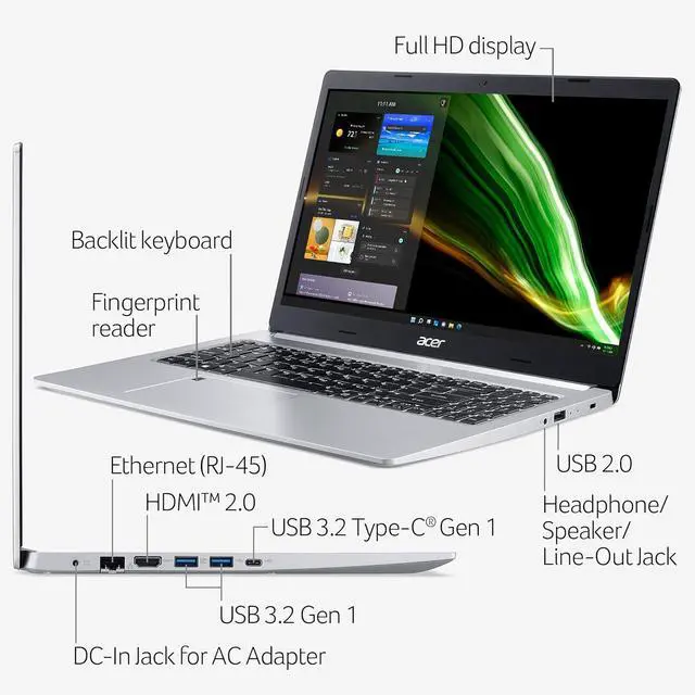 Alt view image 3 of 6 - Acer Aspire 5 15 Slim Laptop, 15.6" FHDDisplay, AMD Ryzen 7 3700U Quad-Core Processor, AMD Radeon Graphics, 40GB DDR4  512GB PCIe SSD, Backlit KB Fingerprint, Windows 11,Microsoft Office License