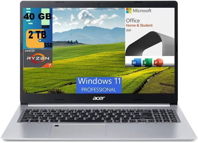 Main image of Acer Aspire 5 15 Slim Laptop, 15.6" FHDDisplay, AMD Ryzen 7 3700U Quad-Core Processor, AMD Radeon Graphics, 40GB DDR4  2TB PCIe SSD, Backlit KB Fingerprint, Windows 11 Pro,Microsoft Office License