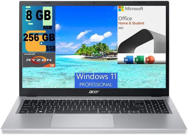 Main image of Acer Aspire 3 15 Slim Laptop, 15.6" Full HD Display, AMD Ryzen 3 7320U 4 Core Processor, AMD Radeon Graphics, 8GB  DDR4  256GB  PCIe SSD, Wi-Fi 6, Windows 11 Pro,Microsoft Office License