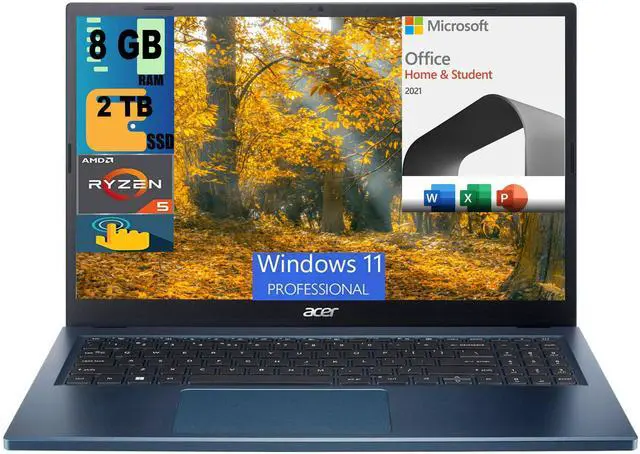 Main image of Acer Aspire 3 15 Laptop, 15.6" FHD (1920 x 1080) Touchscreen, AMD Ryzen 5 7520U 4 Cores Processor, AMD Radeon Graphics, 8GB  DDR4  2TB PCIe SSD, Wi-Fi 6, Windows 11 Pro,Microsoft Office License