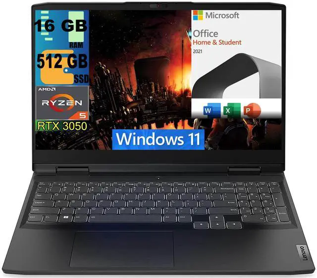 Main image of Lenovo IdeaPad 3 15 Gaming Laptop, 15.6" FHD Display, AMD Ryzen 5 6600H 6 Core processor, GeForce GTX 3050 4GB GDDR6, 16GB DDR5  512GB PCIe SSD, Wi-Fi 6 + BT5.1, Windows 11,Microsoft Office License