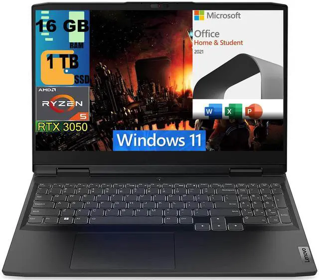 Main image of Lenovo IdeaPad 3 15 Gaming Laptop, 15.6" FHD Display, AMD Ryzen 5 6600H 6 Core processor, GeForce GTX 3050 4GB GDDR6, 16GB DDR5  1TB PCIe SSD, Wi-Fi 6 + BT5.1, Windows 11,Microsoft Office License