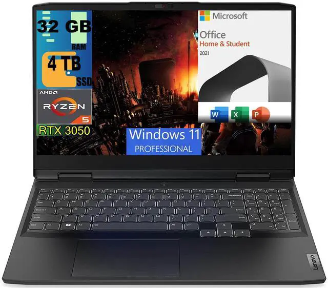 Main image of Lenovo IdeaPad 3 15 Gaming Laptop, 15.6" FHD Display, AMD Ryzen 5 6600H 6 Core processor, GeForce GTX 3050 4GB GDDR6, 32GB DDR5  4TB  PCIe SSD, Wi-Fi 6 + BT5.1, Windows 11 Pro,Microsoft Office License