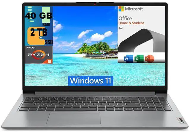 Main image of Lenovo IdeaPad 1 15 Laptop, 15.6" FHD (1920 x 1080) Display, AMD Ryzen 5 5500U 6-Core Processor, AMD Radeon Graphics, 40GB DDR4  2TB PCIe SSD, Wi-Fi 6, Bluetooth, Windows 11,Microsoft Office License