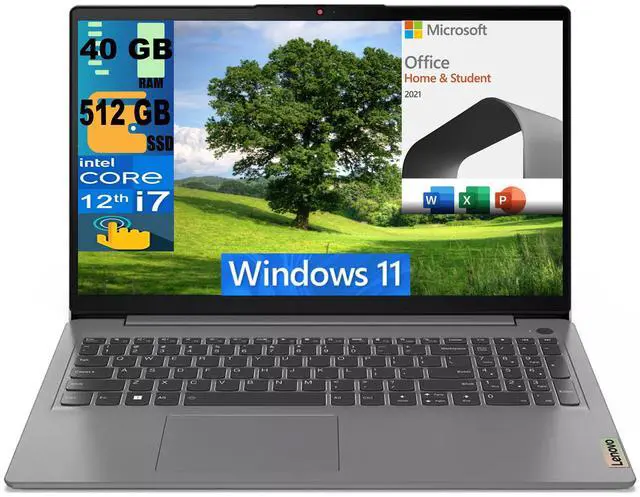 Main image of Lenovo IdeaPad 3 15 Laptop, 15.6" FHD Touchscreen, Intel Core i7-1255U 10-Core Processor, Iris Xe Graphics, 40GB DDR4  512GB PCIe SSD, Backlit KB Fingerprint, Windows 11,Microsoft Office License