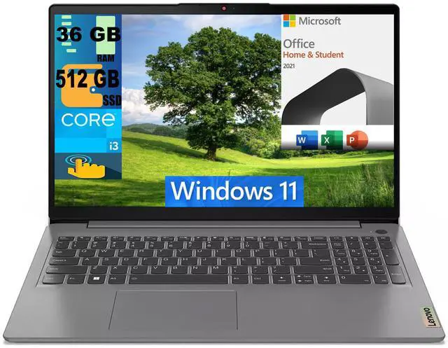 Main image of Lenovo Ideapad 1i 15 Laptop, 15.6" FHD Touchscreen, Intel Core i3-1215U 6-core processor, Intel UHD Graphics, 36GB DDR4  512GB PCIe SSD, Wi-Fi, Windows 11,Microsoft Office License