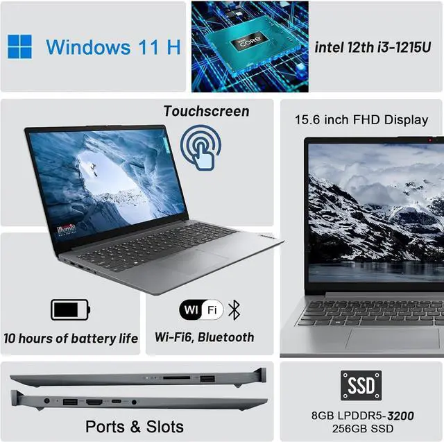 Alt view image 3 of 6 - Lenovo Ideapad 1i 15 Laptop, 15.6" FHD Touchscreen, Intel Core i3-1215U 6-core processor, Intel UHD Graphics, 20GB DDR4  2TB PCIe SSD, Wi-Fi, Windows 11,Microsoft Office License