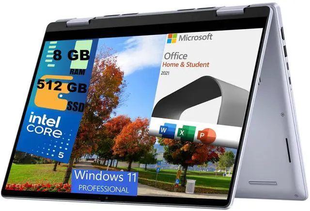 Main image of Dell Inspiron 14 2-in-1 Laptop, 14" WUXGA (1920x1200) Touchscreen, Intel 10-core Core 5 120U Processor, Intel Graphics, 8GB  DDR4  512GB  PCIe SSD, Backlit KB, Windows 11 Pro,Microsoft Office License