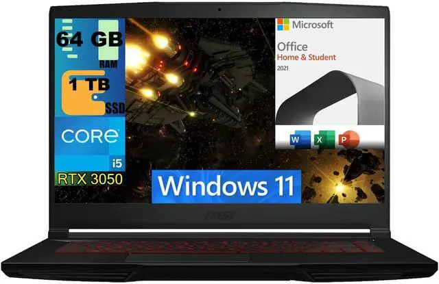 Main image of MSI GF63 Thin 15 Gaming Laptop, 15.6" FHD 144Hz, Intel Core i5-11400H 6 Cores Processors, GeForce RTX 3050 4 GB GDDR6, 64GB DDR4  1TB PCIe SSD, Wi-Fi 6, Windows 11,Microsoft Office License