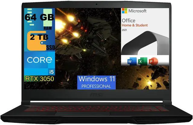 Main image of MSI GF63 Thin 15 Gaming Laptop, 15.6" FHD 144Hz, Intel Core i5-11400H 6 Cores Processors, GeForce RTX 3050 4 GB GDDR6, 64GB DDR4  2TB PCIe SSD, Wi-Fi 6, Windows 11 Pro,Microsoft Office License