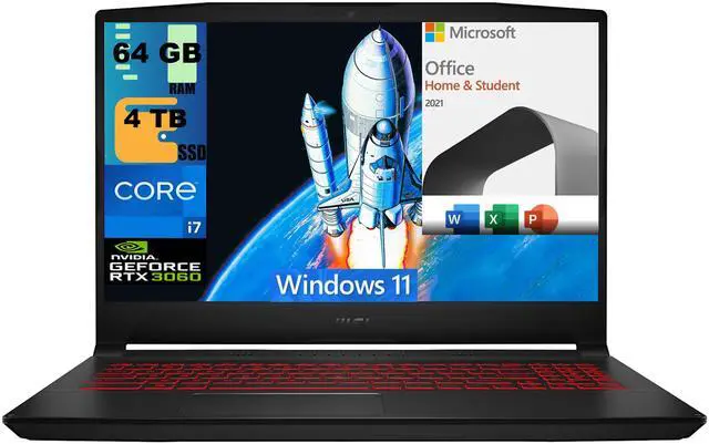 Main image of MSI Katana GF66 15 Gaming Laptop, 15.6" FHD 144Hz Display, Intel Core i7-11800H 8 Core Processor, RTX 3060 6GB GDDR6, 64GB DDR4  4TB PCIe SSD, Wi-Fi 6, Windows 11,Microsoft Office License
